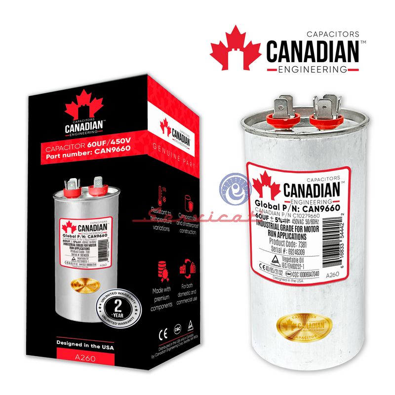 CAPACITOR DE MARCHA 60UF A 450VAC ORIGINAL CANADIAN AIRE ACONDICIONADO TODAS LAS MARCAS