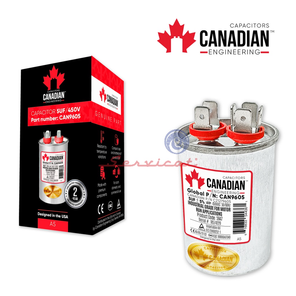 CAPACITOR DE MARCHA 5UF A 450VAC ORIGINAL CANADIAN AIRE ACONDICIONADO TODAS LAS MARCAS