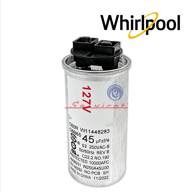 CAPACITOR DE MARCHA 45UF A 127 - 250VAC ORIGINAL LAVADORA WHIRLPOOL - ELECTROLUX - HACEB